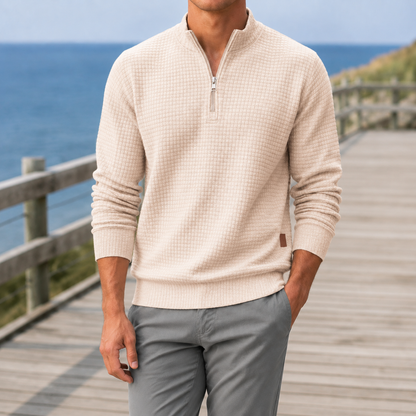 Jorn | Vaffelstrikket Sweater Grå Kvart-Lynlås til Mænd