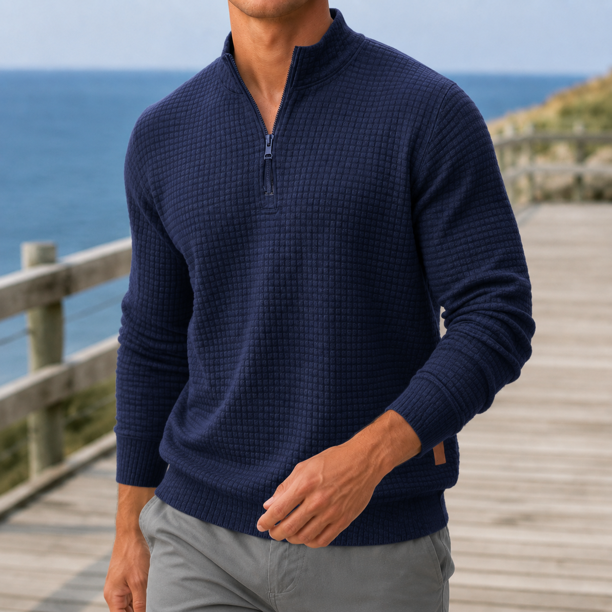 Jorn | Vaffelstrikket Sweater Grå Kvart-Lynlås til Mænd