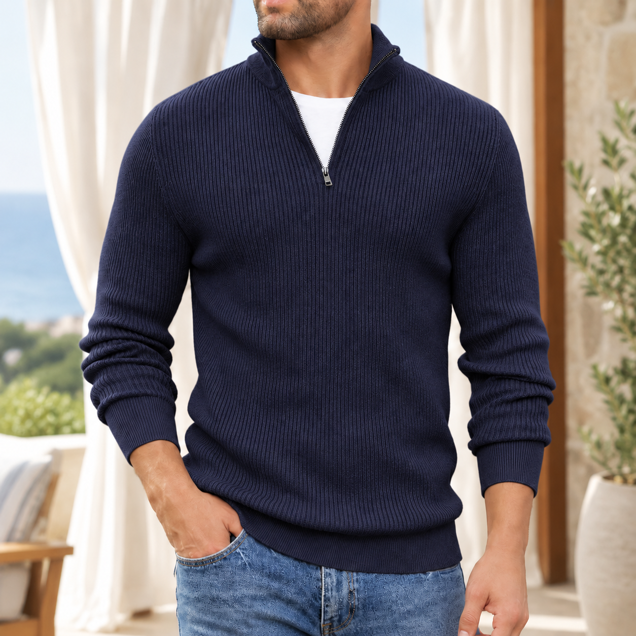 Just | Half-Zip Striktrøje Beige Ribstrik til Mænd