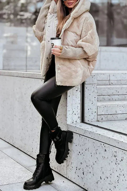 Alodia | Vinterjakke Beige Puffer Kunstpels Hætte Oversized til Kvinder