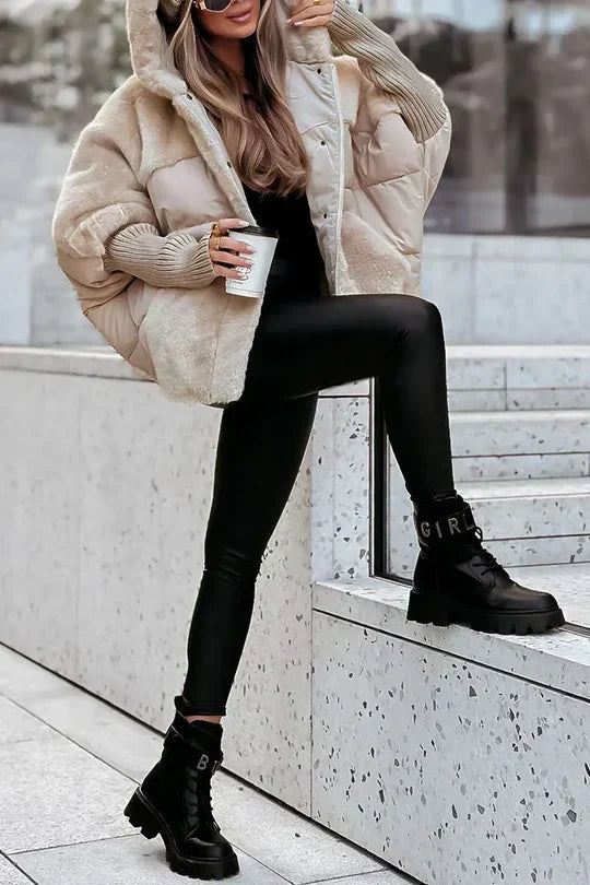 Alodia | Vinterjakke Beige Puffer Kunstpels Hætte Oversized til Kvinder