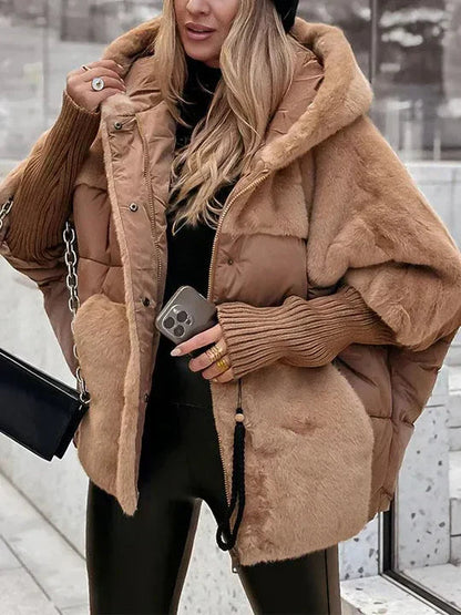 Alodia | Vinterjakke Beige Puffer Kunstpels Hætte Oversized til Kvinder