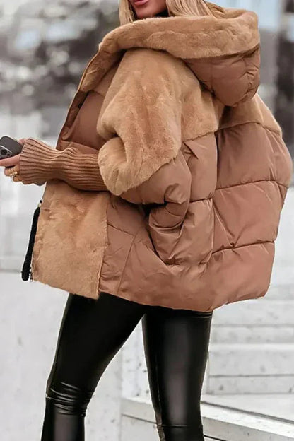 Alodia | Vinterjakke Beige Puffer Kunstpels Hætte Oversized til Kvinder