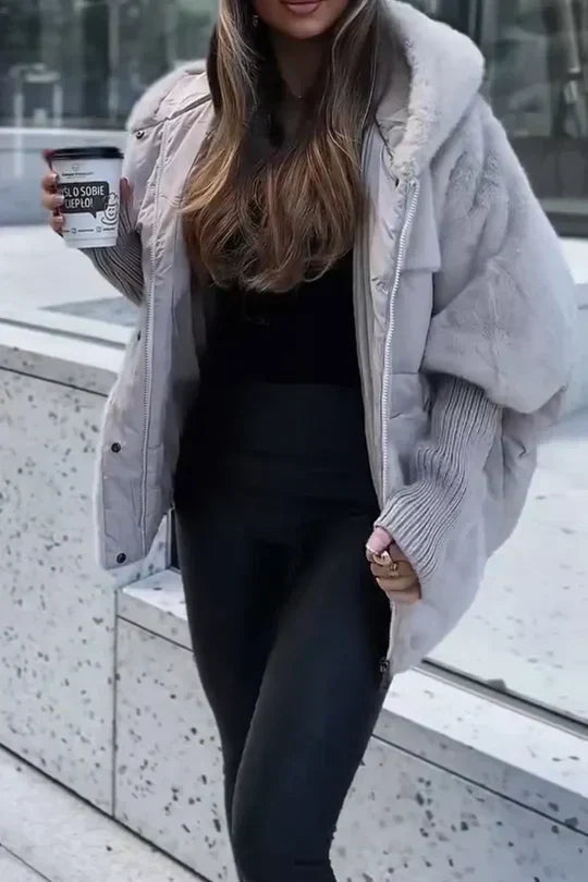Alodia | Vinterjakke Beige Puffer Kunstpels Hætte Oversized til Kvinder