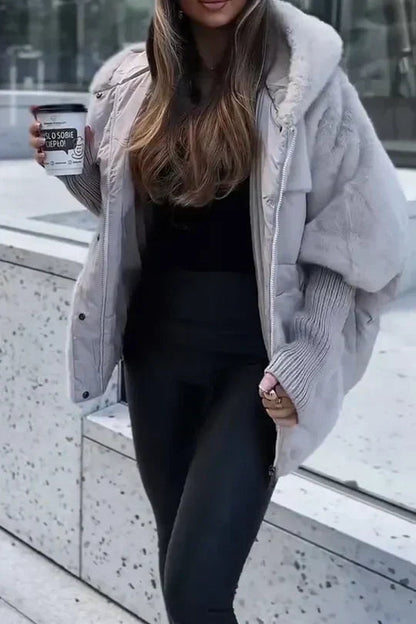 Alodia | Vinterjakke Beige Puffer Kunstpels Hætte Oversized til Kvinder