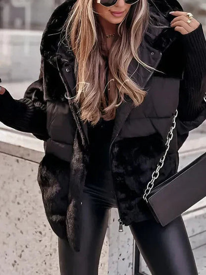 Alodia | Vinterjakke Beige Puffer Kunstpels Hætte Oversized til Kvinder