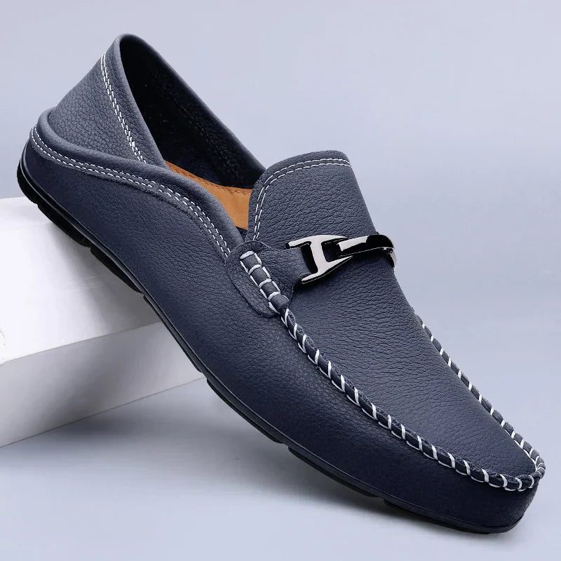 Kristian | Loafers Marineblå Læder Slip-On Metal Detalje til Mænd