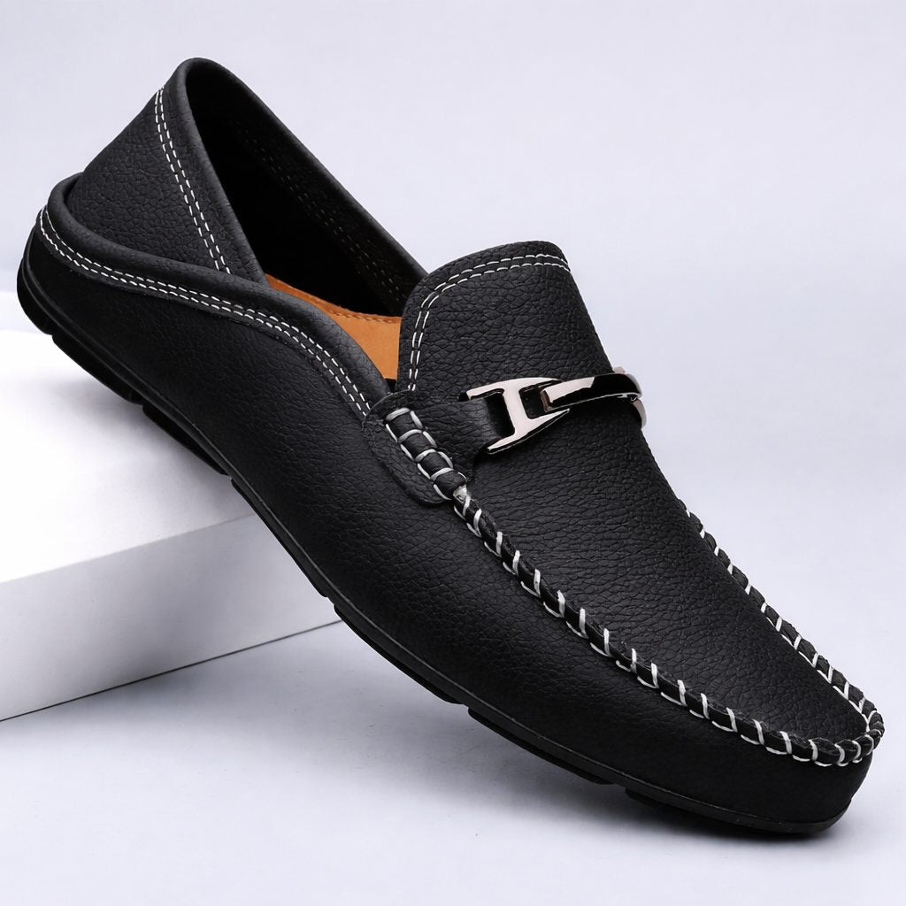 Kristian | Loafers Marineblå Læder Slip-On Metal Detalje til Mænd
