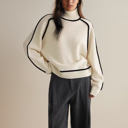 Roxanne | Rullekrave Sweater Offwhite Strik Kontrastkanter til Kvinder