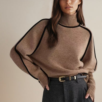 Roxanne | Rullekrave Sweater Offwhite Strik Kontrastkanter til Kvinder