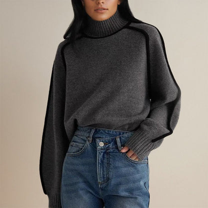 Roxanne | Rullekrave Sweater Offwhite Strik Kontrastkanter til Kvinder