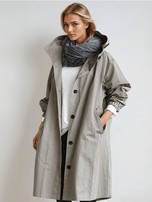 Sofie | Gray-Beige Cotton Trench Coat with Hood for Women