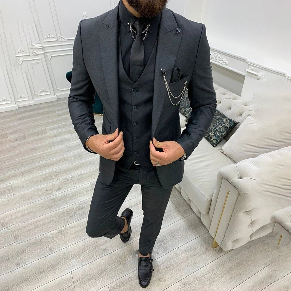 Gunnar | Tre-Delt Jakkesæt Sort Slim Fit Notch Revers til Mænd