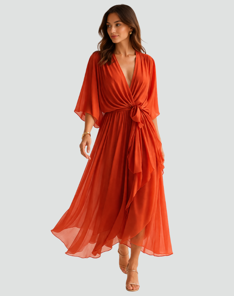 Vittoria | Maxi Festkjole Terrakotta Chiffon Slå-om V-hals til Kvinder