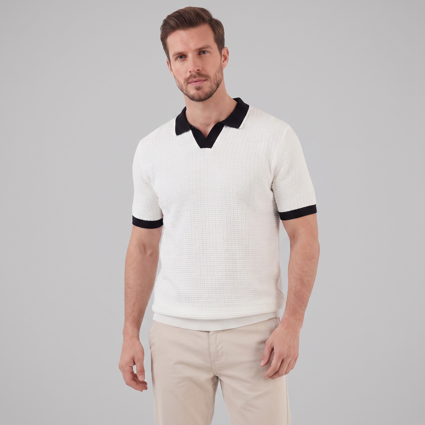 Victor | Strik Poloskjorte Hvid Kontrastkanter Slim Fit til Mænd