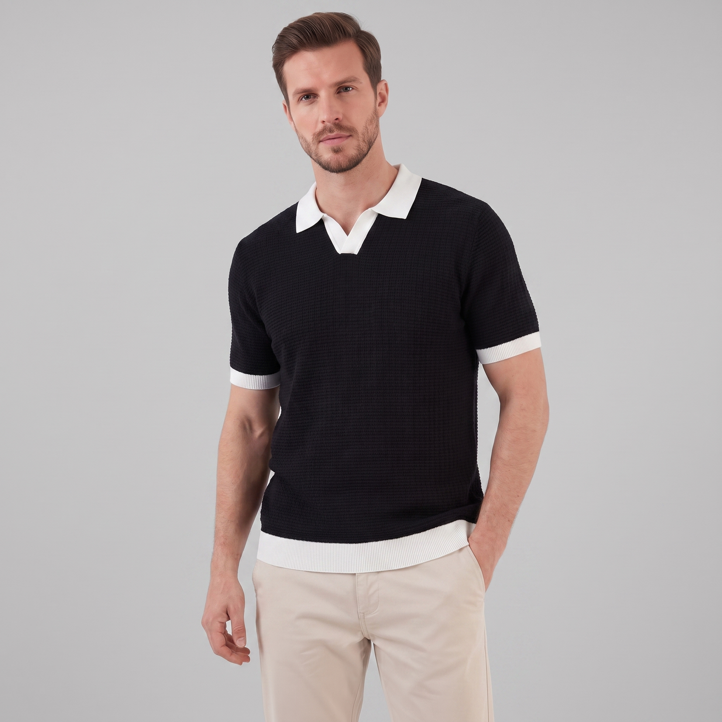 Victor | Strik Poloskjorte Hvid Kontrastkanter Slim Fit til Mænd