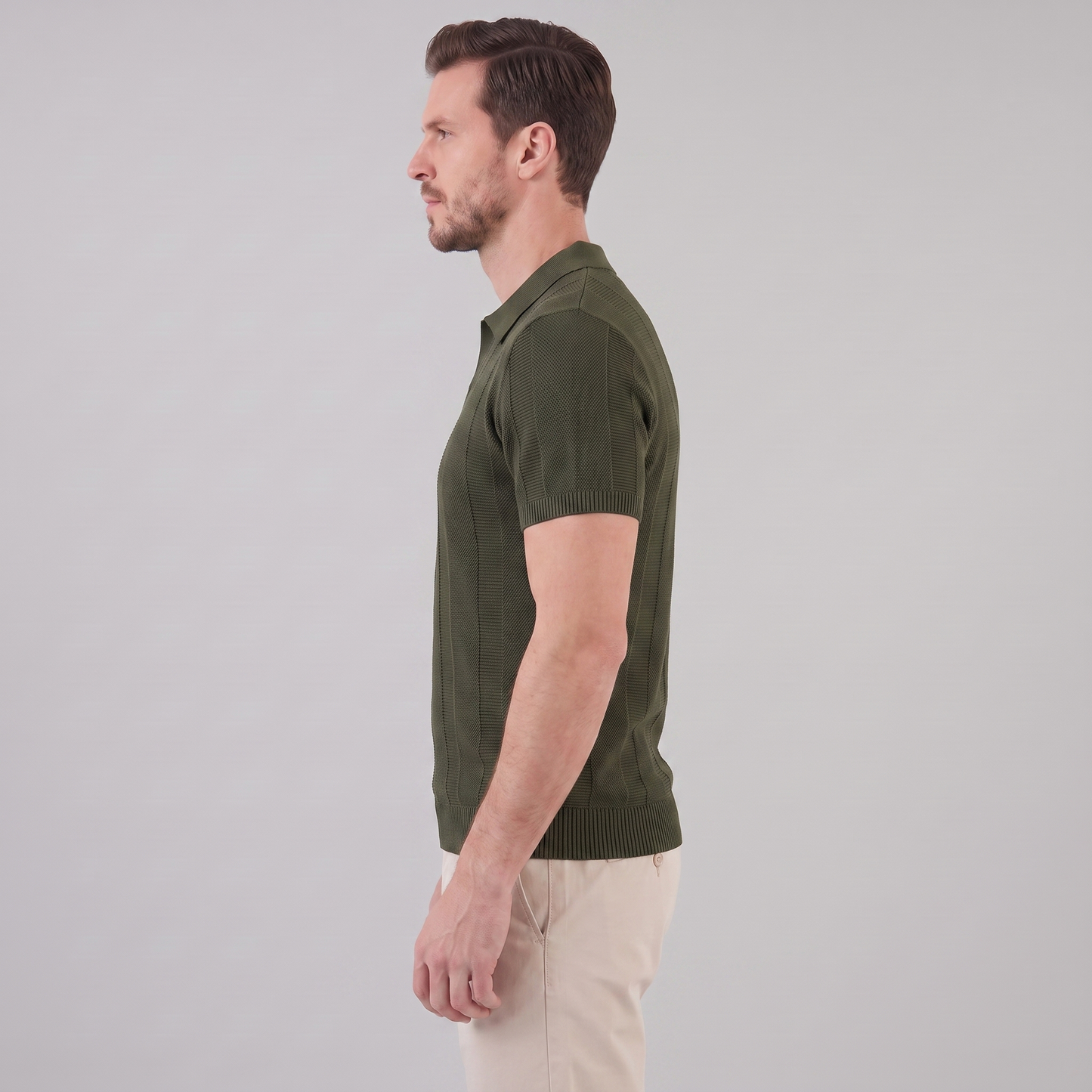 Tobias | Poloskjorte Olivengrøn Strik Kortærmet Slim Fit til Mænd