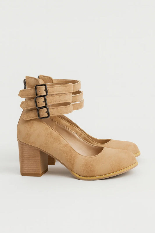 Rosalind | Pumps Beige Ruskind Blokhæl Tredobbelt Ankelrem til Kvinder