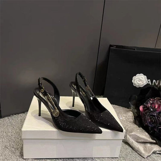 Estrella | Stiletter Sort Strass Slingback Spids Tå til Kvinder