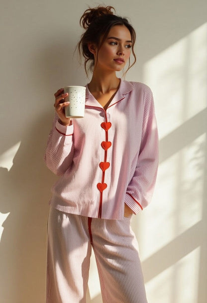 Rosette | Pyjamasæt Rosa Striber Hjerteknapper Langærmet til Kvinder