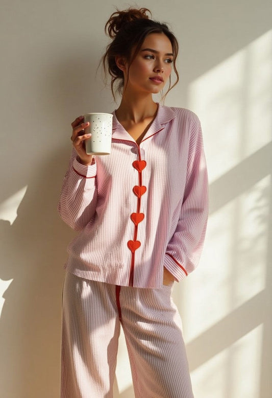 Rosette | Pyjamasæt Rosa Striber Hjerteknapper Langærmet til Kvinder