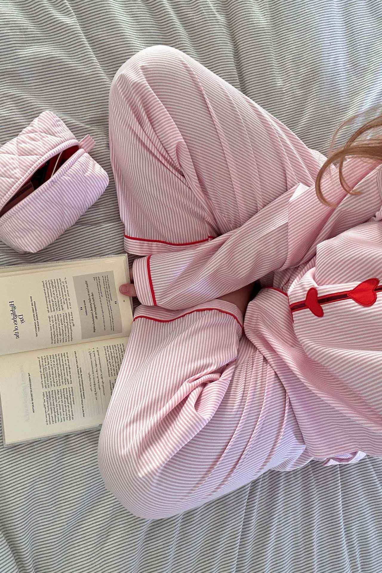 Rosette | Pyjamasæt Rosa Striber Hjerteknapper Langærmet til Kvinder