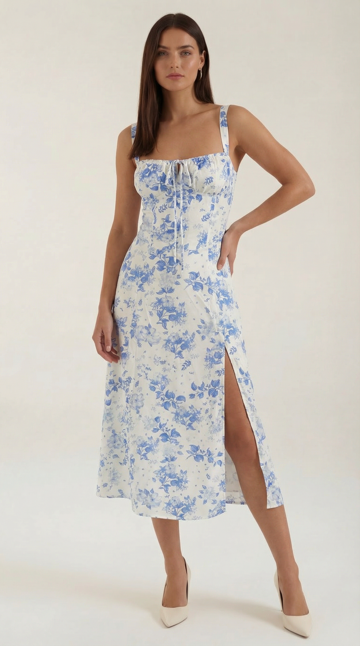 Florette | Midi Kjole Hvid Blå Blomstret Snøredetalje A-linje til Kvinder