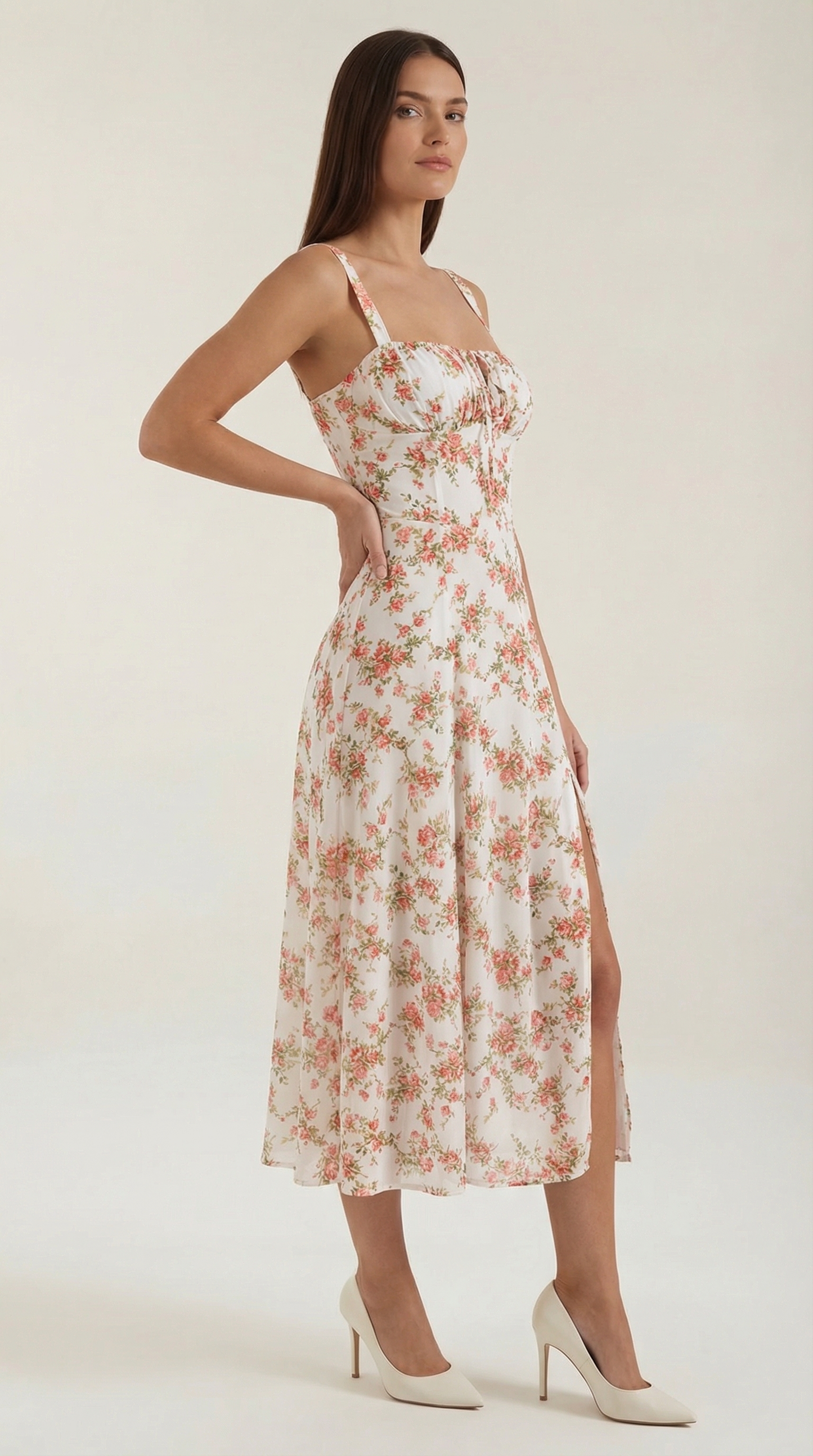 Florette | Midi Kjole Hvid Blå Blomstret Snøredetalje A-linje til Kvinder