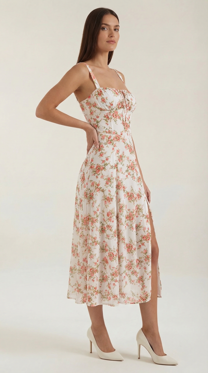 Florette | Midi Kjole Hvid Blå Blomstret Snøredetalje A-linje til Kvinder