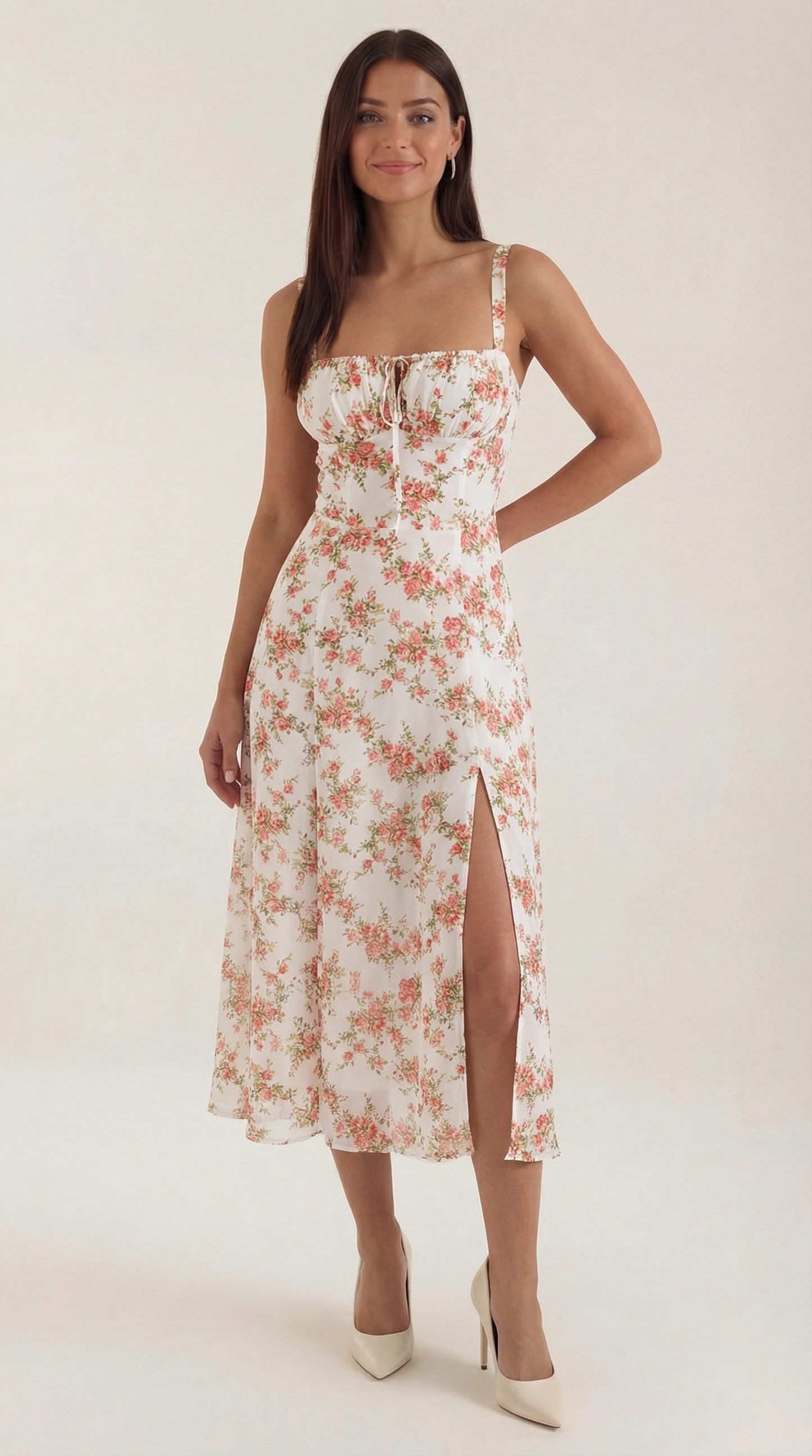 Florette | Midi Kjole Hvid Blå Blomstret Snøredetalje A-linje til Kvinder