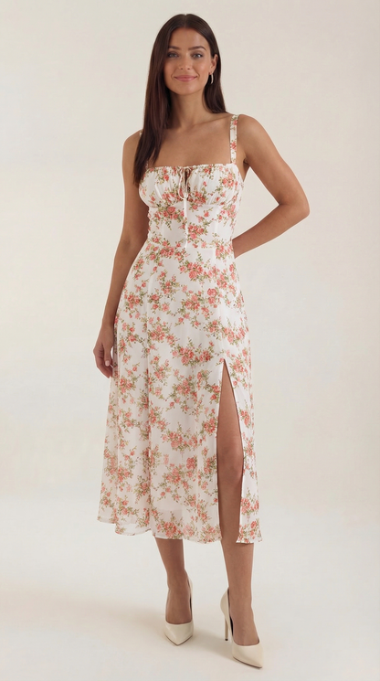 Florette | Midi Kjole Hvid Blå Blomstret Snøredetalje A-linje til Kvinder