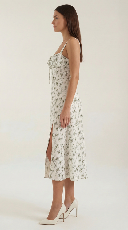 Florette | Midi Kjole Hvid Blå Blomstret Snøredetalje A-linje til Kvinder
