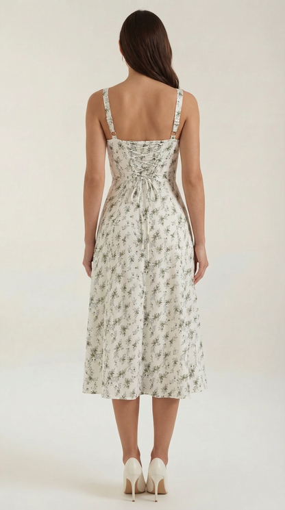 Florette | Midi Kjole Hvid Blå Blomstret Snøredetalje A-linje til Kvinder
