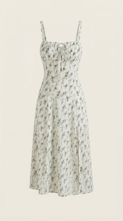 Florette | Midi Kjole Hvid Blå Blomstret Snøredetalje A-linje til Kvinder