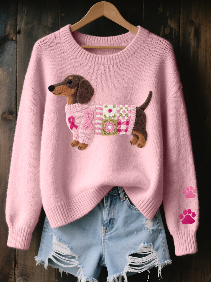 Béatrice | Sweater Lyserød Strik Hundemotiv Oversized til Kvinder