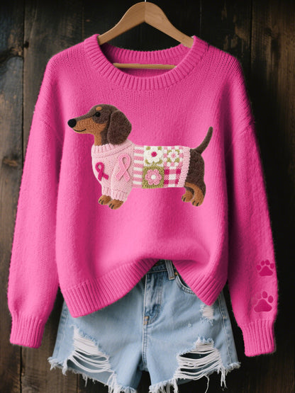 Béatrice | Sweater Lyserød Strik Hundemotiv Oversized til Kvinder