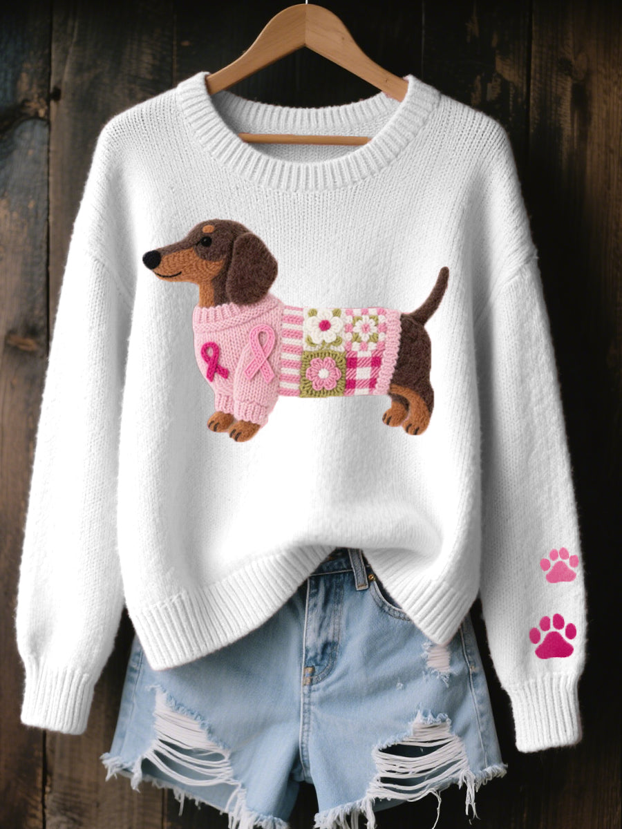 Béatrice | Sweater Lyserød Strik Hundemotiv Oversized til Kvinder