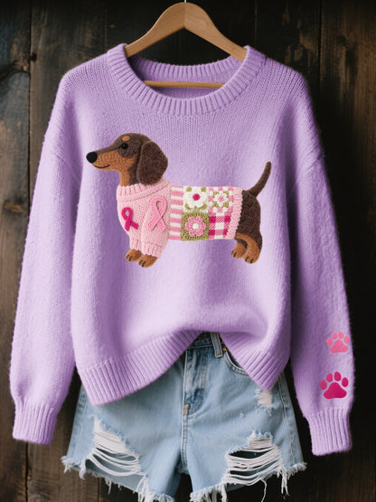 Béatrice | Sweater Lyserød Strik Hundemotiv Oversized til Kvinder