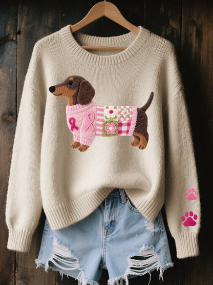 Béatrice | Sweater Lyserød Strik Hundemotiv Oversized til Kvinder