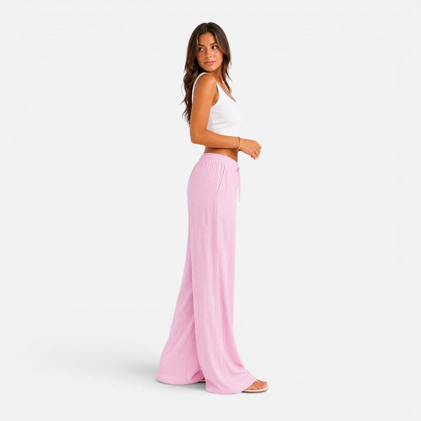 Marcella | Vide Bukser Dame Rosa Crinkle Elastisk Talje til Kvinder